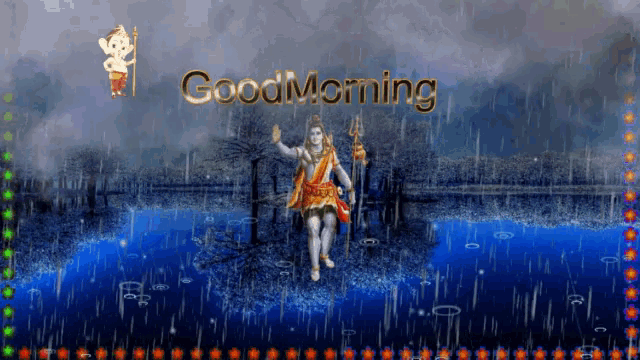 a good morning greeting card with a statue of shiva