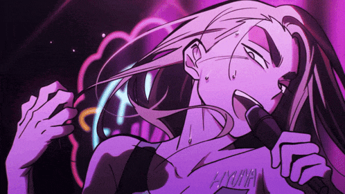 a cartoon of a woman singing into a microphone with the name hyoma written on her chest