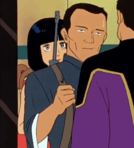 a cartoon of a man holding a gun next to a girl