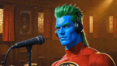 a man in a red and blue superhero costume singing into a microphone