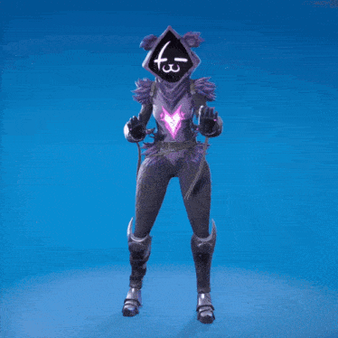 a video game character with a hood and a purple light on her chest