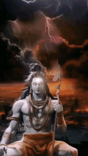 a statue of lord shiva holding a trident in front of a storm