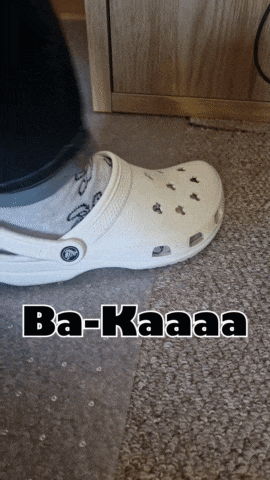 a person wearing a pair of white crocs that says ba-kaaaa on the bottom