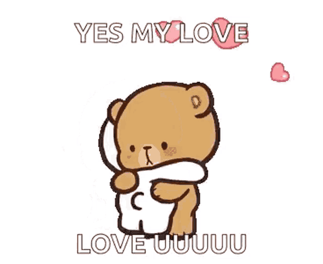a cartoon of a teddy bear hugging another teddy bear with hearts coming out of his head .