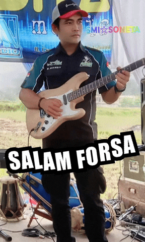 a man playing a guitar in front of a sign that says salam forsa on it