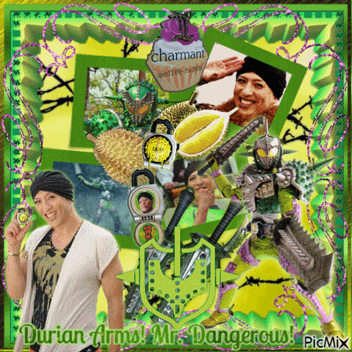 a collage of pictures with the words durian arms mr dangerous