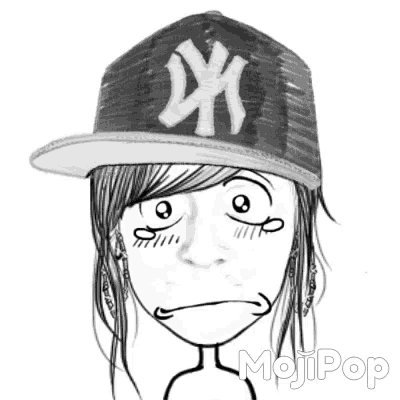 a black and white drawing of a girl wearing a ny yankees hat