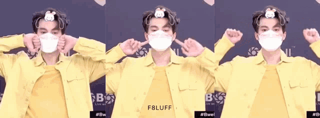 a man wearing a yellow jacket and a white face mask with the letters fbluff on the bottom