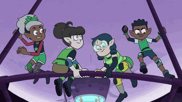 a group of four cartoon characters are standing on a purple surface