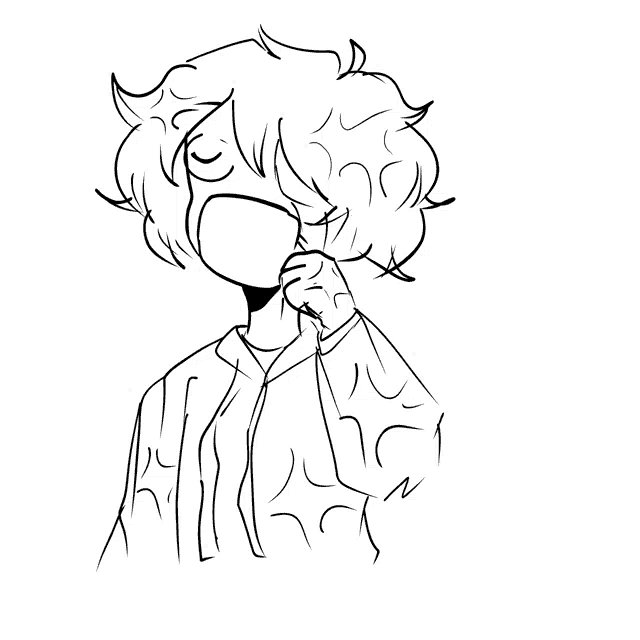a black and white drawing of a person with a hand on their chin .