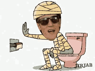 a cartoon of a mummy sitting on a toilet with sunglasses on .