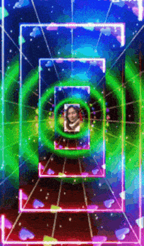 a woman 's face is in the middle of a rainbow colored circle