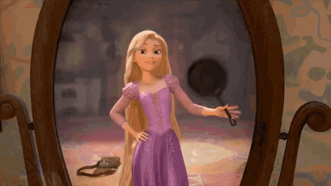 rapunzel from tangled is standing in front of a mirror