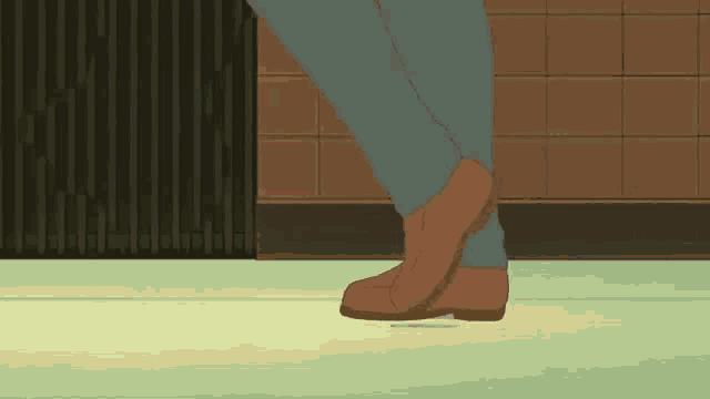 a pixel art drawing of a person 's feet walking on a tiled floor