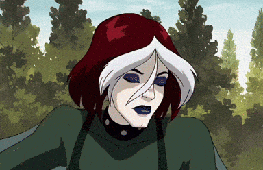 a cartoon drawing of rogue with red hair and blue eyes