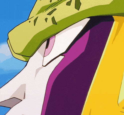 a close up of a cartoon character 's face with a blue sky behind it