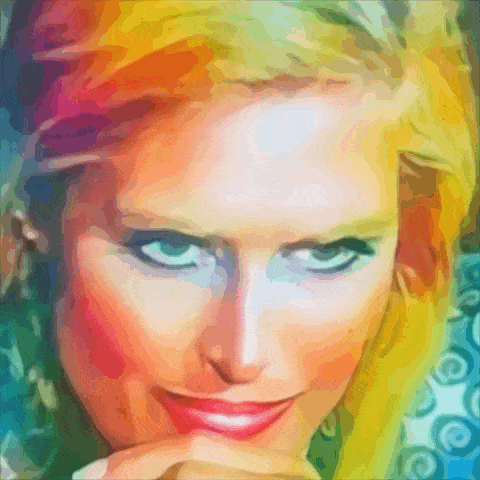 a close up of a woman 's face with a rainbow colored hair