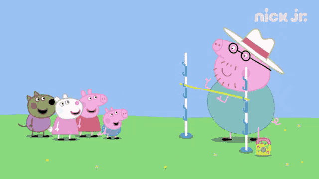a cartoon of peppa pig playing a game with a nick jr. logo in the background