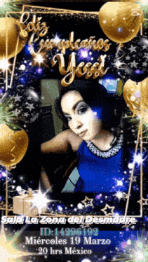 a woman in a blue dress is surrounded by balloons and says feliz cumpleanos yossi