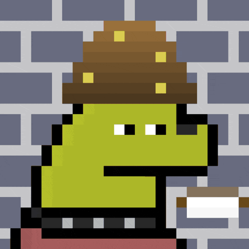 a pixel art drawing of a green character wearing a hat and holding a cigarette