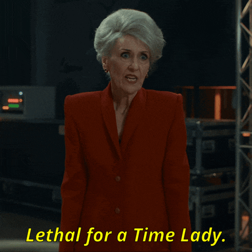 a woman in a red jacket says lethal for a time lady in yellow letters