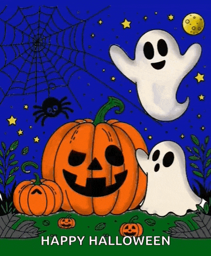 a happy halloween card with pumpkins , ghosts , spiders , and a spider web .