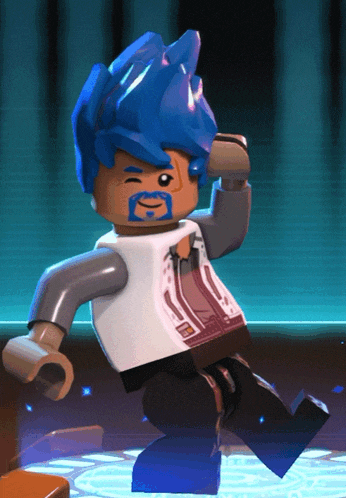 a lego man with blue hair and a beard is dancing