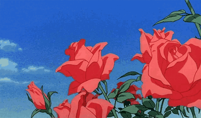 a bunch of red roses against a blue sky with clouds