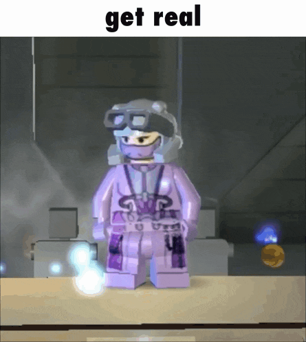 a picture of a lego figure with the words " get real " above it