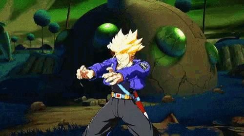 a cartoon character named trunks is standing in front of a large rock
