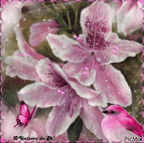 a pink flower with a butterfly and a pink bird