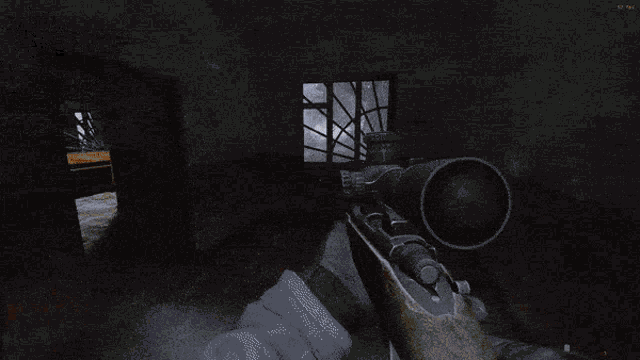 a dark room with a few windows and a few steps
