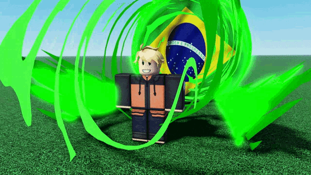 a roblox character is standing in front of a green brazilian flag
