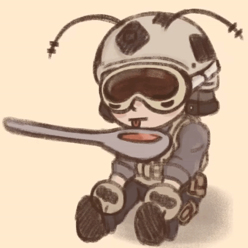 a drawing of a person wearing a helmet and goggles holding a spoon in their mouth