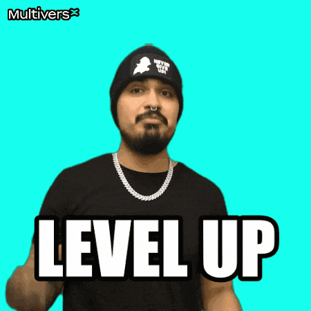 a man wearing a beanie and a necklace is giving a thumbs up and says level up