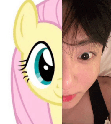 a half of a woman 's face is shown next to a picture of a pony