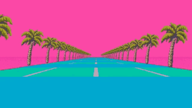 a pixel art illustration of a road with palm trees on both sides .