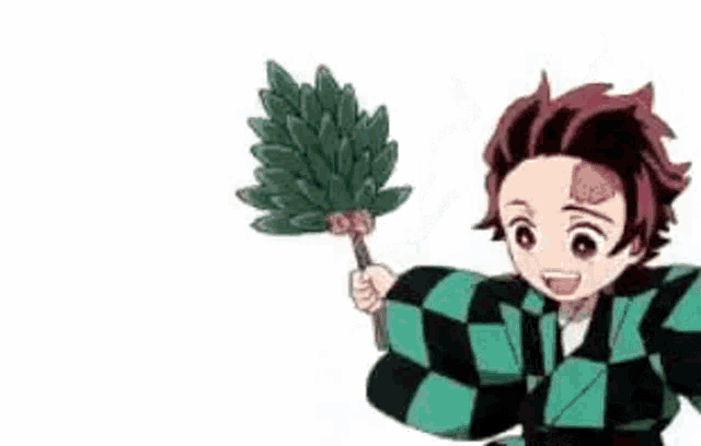 a young boy in a plaid shirt is holding a green stick .