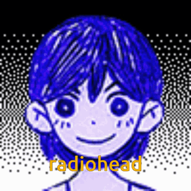 a drawing of a boy with blue hair and the word radiohead on it