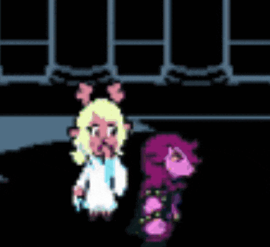 a pixel art of a girl and a purple monster standing next to each other .