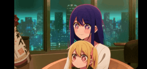 a woman with blue hair is holding a little girl with red eyes