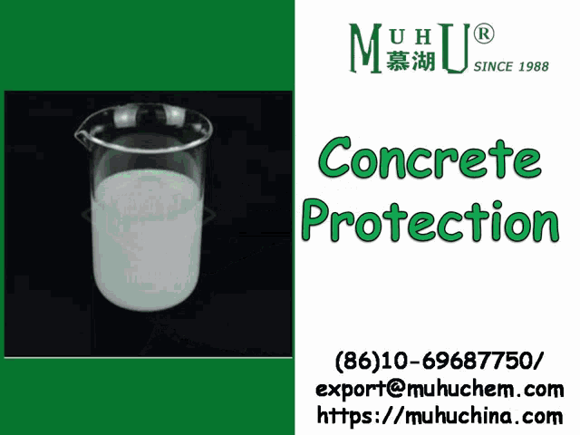 a glass beaker filled with white liquid and the words concrete protection