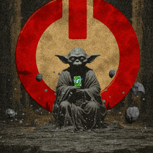 a statue of yoda sitting in front of a red circle