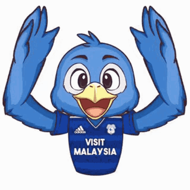 a blue bird wearing a visit malaysia jersey
