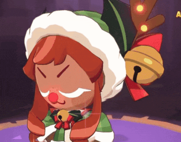 a cartoon character wearing a green and white hat with a bell on it