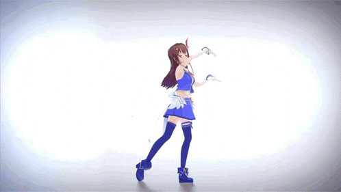 a girl in a blue and white dress is dancing