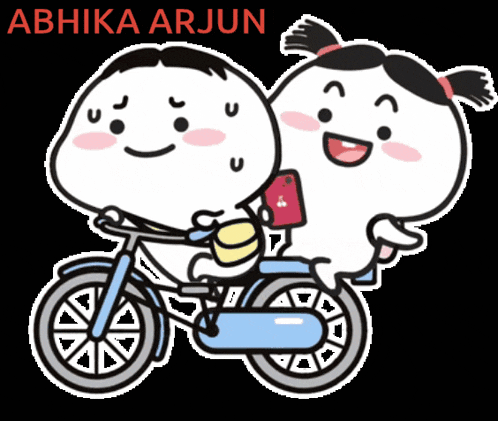 a cartoon of a boy and a girl riding a bike with the name abhika arjun written above them