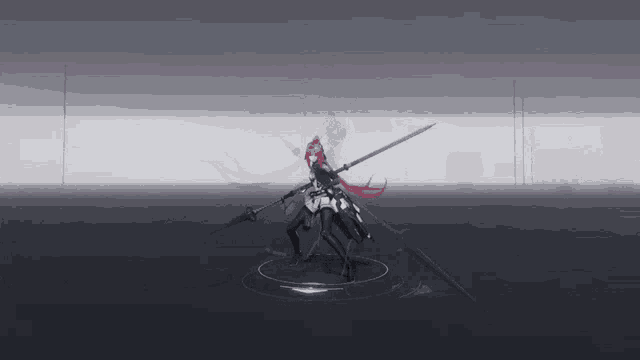 a girl with red hair is holding a spear in a video game