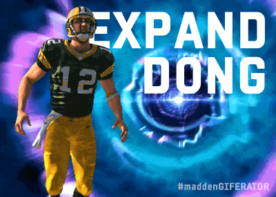 a green bay packers football player stands in front of a blue background that says expand dong