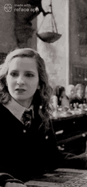 a black and white photo of a girl in a school uniform